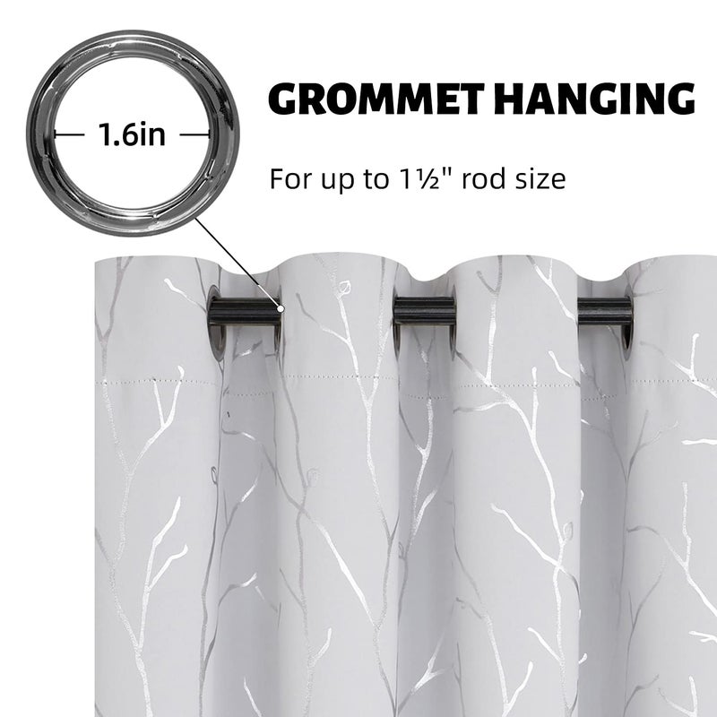 BUHUA White Black Out Curtains 63 Inch Long 2 Panels, Soundproof Curtains with Elegant Silver Tree Branches Print, Window Treament for Livingroom, 52W x 63L, Greyish White - Image 3
